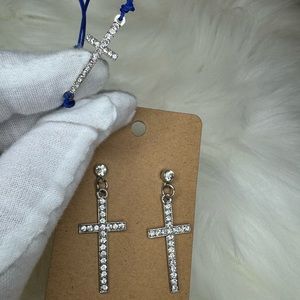 SET OF BEAUTIFUL CRYSTAL EARRINGS AND MATCHING CROSS STRING BRACELET